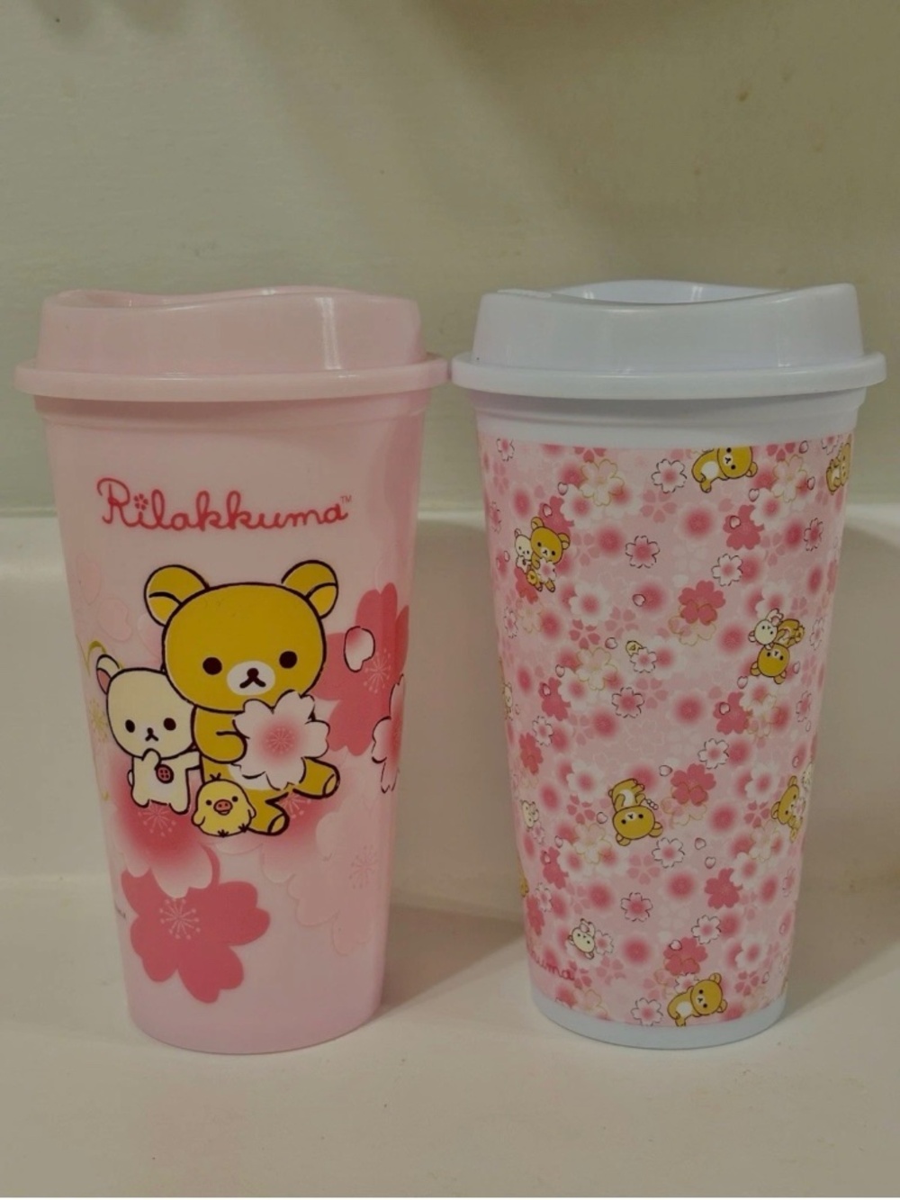 Rilakkuma Cups Set of 2 Exclusive Pink Sakura Cherry 16oz Reusable Plastic
